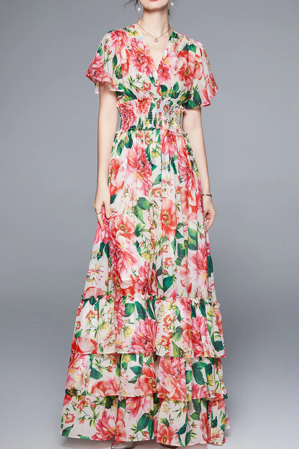 Gerbera Πολύχρωμο Εμπριμέ Φλοράλ Μακρύ Φόρεμα | Γυναικεία Ρούχα - Φορέματα 
