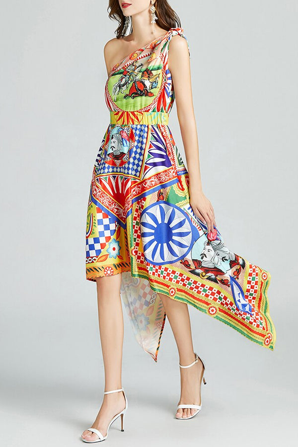 Katania Πολύχρωμο Εμπριμέ Φόρεμα με έναν Ώμο | Γυναικεία Ρούχα - Φορέματα