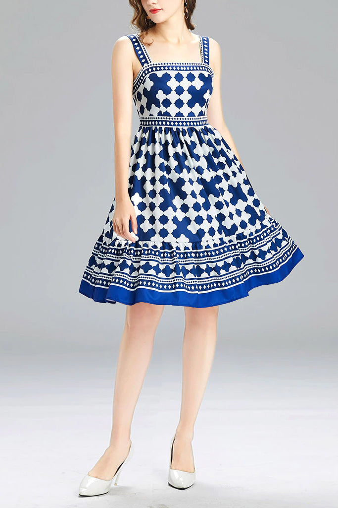 Kalinda Μπλε Εμπριμέ Φόρεμα με Τιράντες | Γυναικεία Ρούχα - Φορέματα