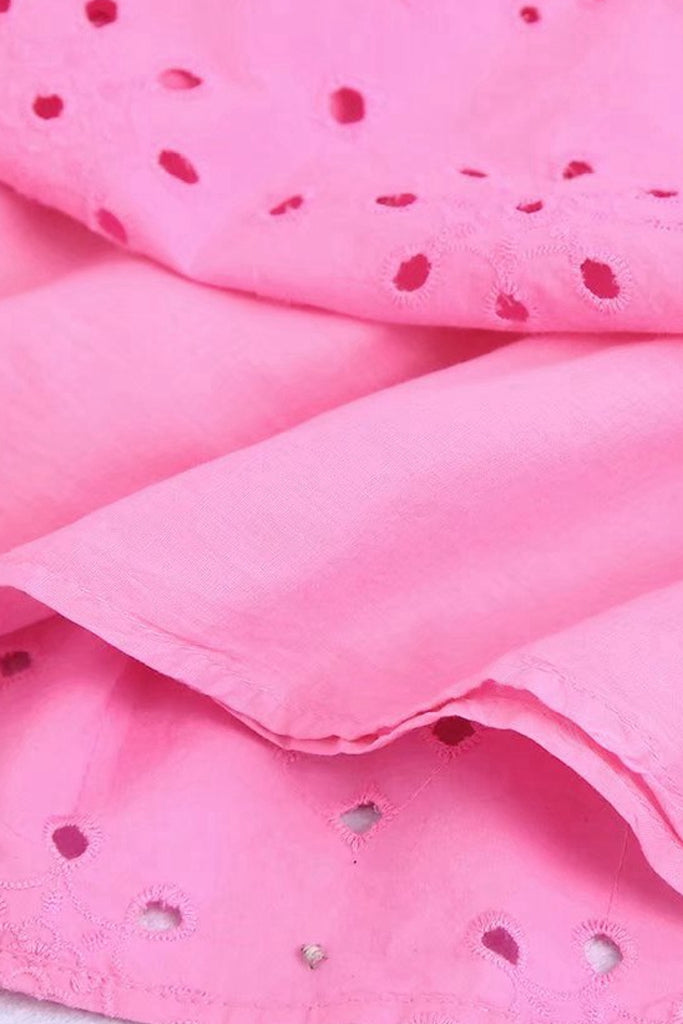 Merilani Ροζ Φούξια Φόρεμα με Διάτρητα Σχέδια | Γυναικεία Ρούχα - Φορέματα | Merilani Hollow Out Embroidery Pink Dress with Puff Sleeve