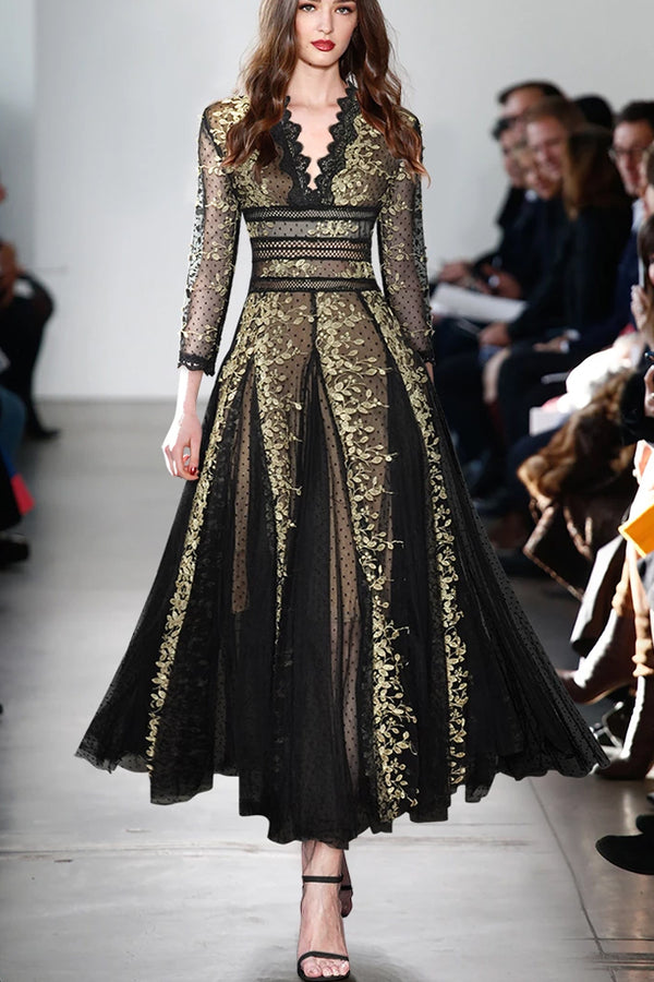 Lorely Μαύρο Μακρύ Φόρεμα με Δαντέλα και Τούλι | Γυναικεία Ρούχα - Φορέματα Βραδινά