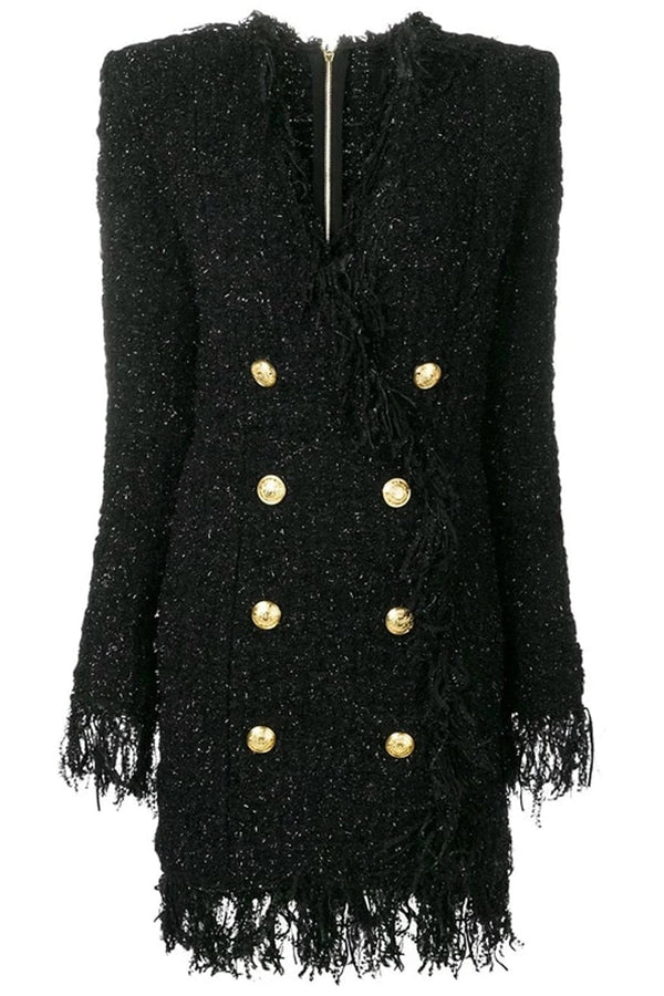 Adaria Μαύρο Tweed Μίνι Φόρεμα Σακάκι με Κρόσσια