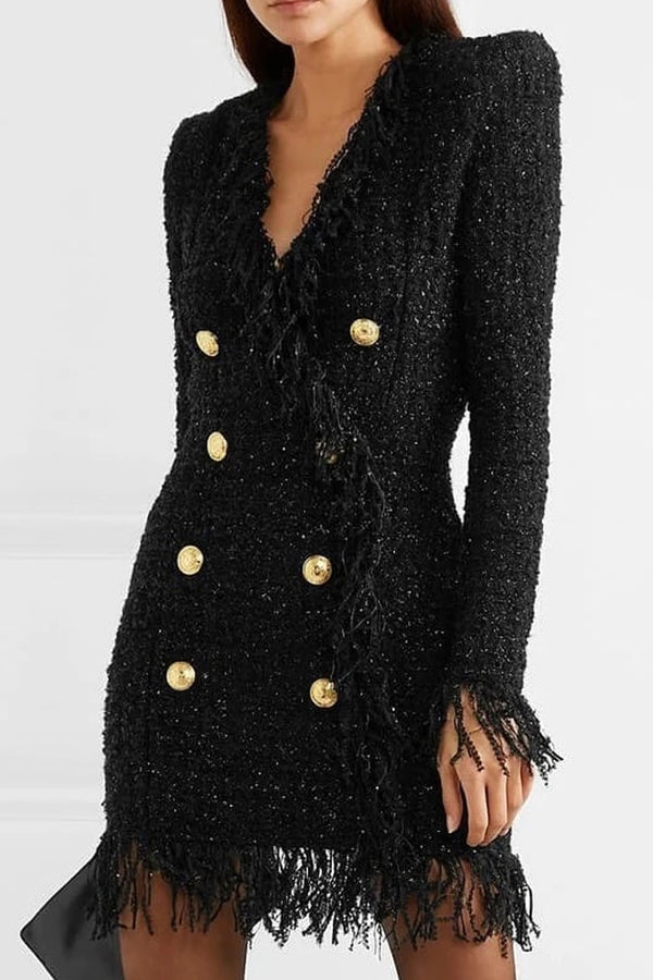 Adaria Μαύρο Tweed Μίνι Φόρεμα Σακάκι με Κρόσσια