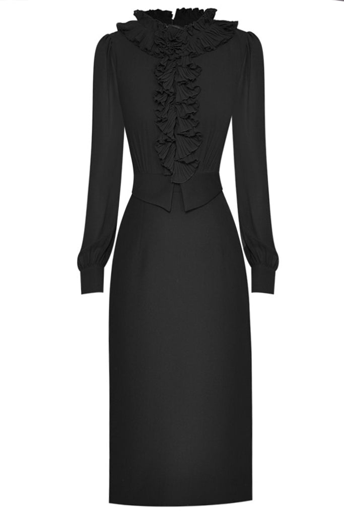 Emme Μαύρο Φόρεμα με Βολάν και Πιέτες | Γυναικεία Βραδινά Φορέματα - Philip Lang
