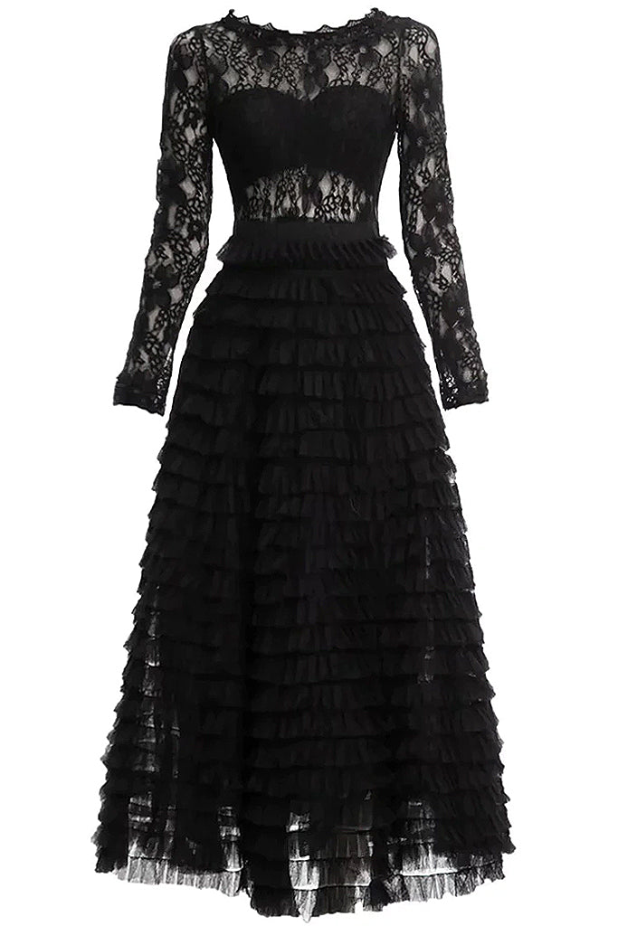 Laetitia Μαύρο Βραδινό Μακρύ Φόρεμα με Τούλι και Δαντέλα | Γυναικεία Ρούχα - Φορέματα - Βραδινά Laetitia Black Evening Dress with Lace and Tulle