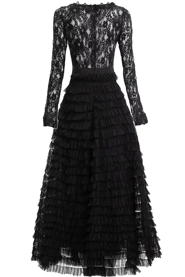 Laetitia Μαύρο Βραδινό Μακρύ Φόρεμα με Τούλι και Δαντέλα | Γυναικεία Ρούχα - Φορέματα - Βραδινά Laetitia Black Evening Dress with Lace and Tulle