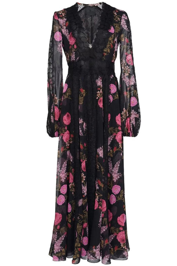 Luzonia Μαύρο Εμπριμέ Φόρεμα με Δαντέλα | Γυναικεία Ρούχα - Φορέματα - Βραδινά Luzonia Black Printed Evening Dress with Lace