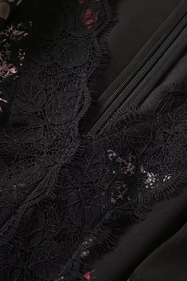 Luzonia Μαύρο Εμπριμέ Φόρεμα με Δαντέλα | Γυναικεία Ρούχα - Φορέματα - Βραδινά Luzonia Black Printed Evening Dress with Lace