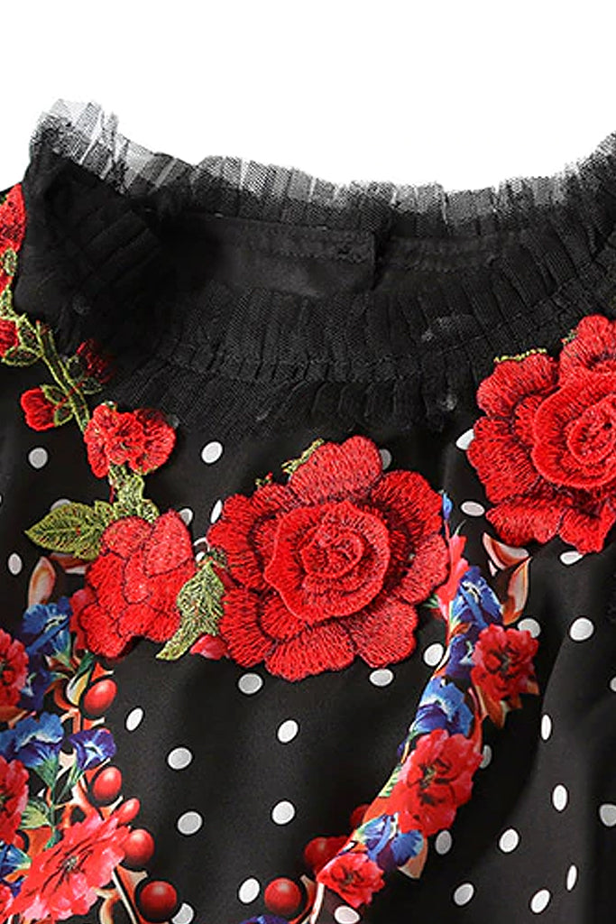Marques Μαύρο Εμπριμέ Φόρεμα με Κεντήματα | Γυναικεία Ρούχα - Φορέματα - Βραδινά Marques Black Printed Evening Dress with Embroidery