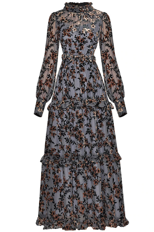 Nanette Γκρι Ραφ Βραδινό Εμπριμέ Φόρεμα | Γυναικεία Ρούχα - Φορέματα - Βραδινά Nanette Grey Evening Dress with Velvet Embroidery
