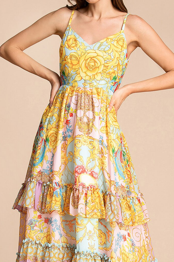 Ellanta Εμπριμέ Αμάνικο Φόρεμα με Βολάν | Γυναικεία Ρούχα - Φορέματα - Βραδινά Ellanta Pink Printed Dress