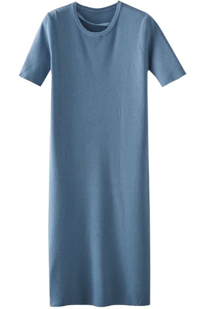 Iska Γαλάζιο Εφαρμοστό Πλεκτό Φόρεμα με Κοντά Μανίκια | Γυναικεία Ρούχα - Φορέματα - Πλεκτά | Iska Blue Knit Fit Midi Dress with Short Sleeves