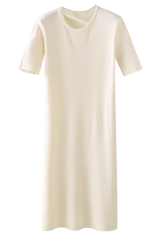 Iska Ιβουάρ  Εφαρμοστό Πλεκτό Φόρεμα με Κοντά Μανίκια | Γυναικεία Ρούχα - Φορέματα - Πλεκτά | Iska Ivory Knit Fit Midi Dress with Short Sleeves