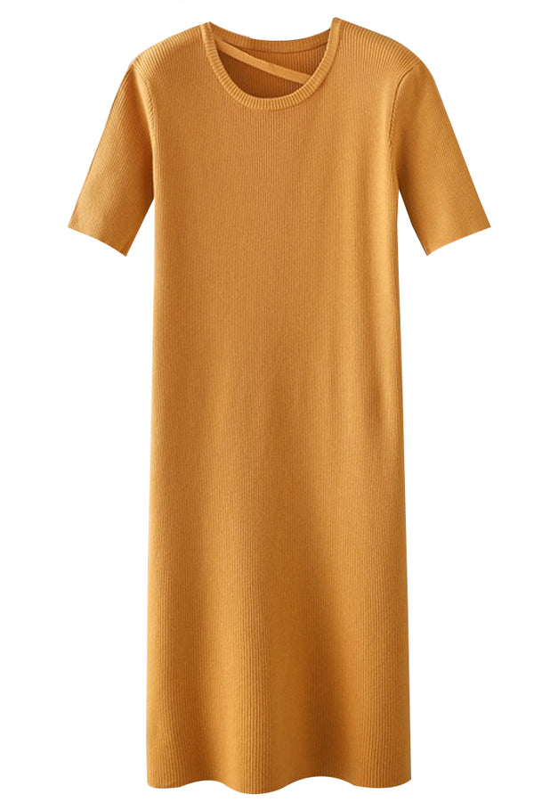 Iska Μουσταρδί Εφαρμοστό Πλεκτό Φόρεμα με Κοντά Μανίκια | Γυναικεία Ρούχα - Φορέματα - Πλεκτά | Iska Mustard Knit Fit Midi Dress with Short Sleeves