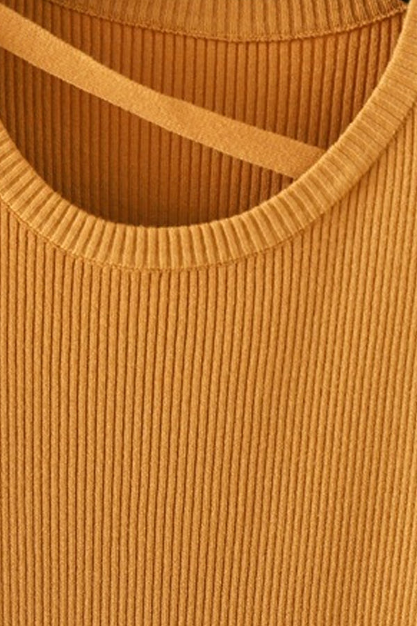 Iska Μουσταρδί Εφαρμοστό Πλεκτό Φόρεμα με Κοντά Μανίκια | Γυναικεία Ρούχα - Φορέματα - Πλεκτά | Iska Mustard Knit Fit Midi Dress with Short Sleeves