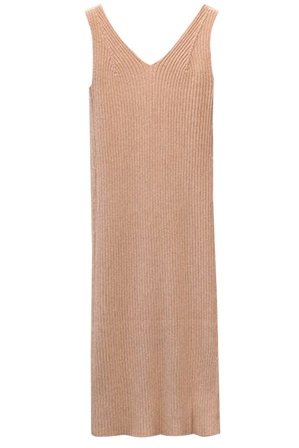 Kea Μπεζ Εφαρμοστό Πλεκτό Φόρεμα με Τιράντες