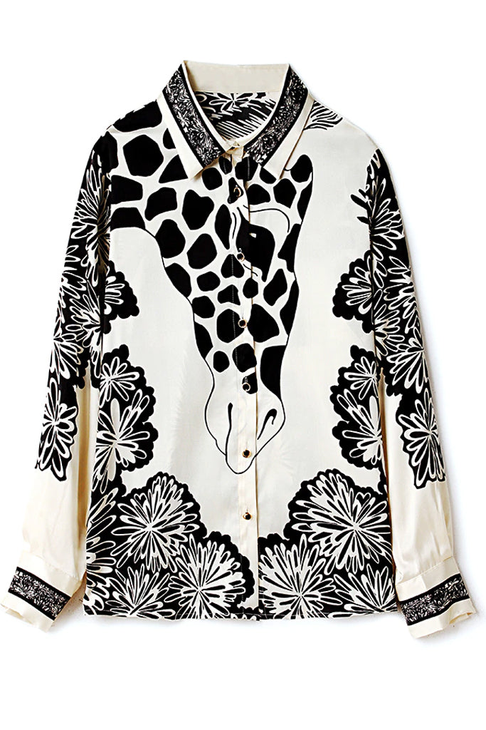Giraffe Ασπρόμαυρο Πουκάμισο με Σχέδια | Γυναικεία Ρούχα - Πουκάμισα