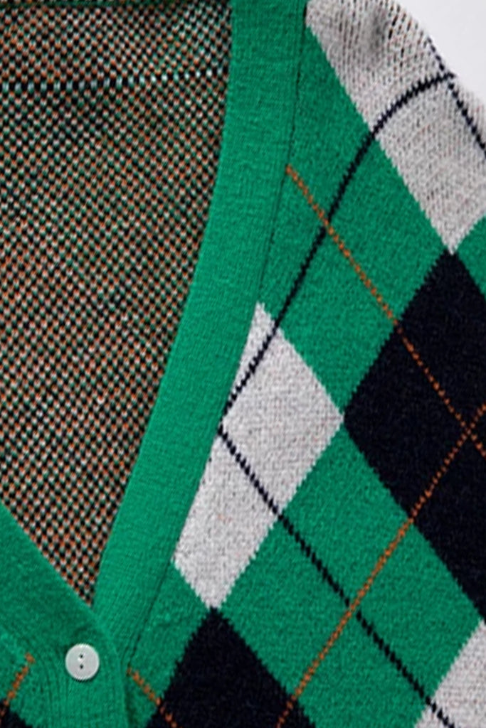 Satoria Πράσινη Πολύχρωμη Καρό Πλεκτή Ζακέτα με Μακριά Μανίκια | Γυναικεία Ρούχα - Πλεκτές Ζακέτες