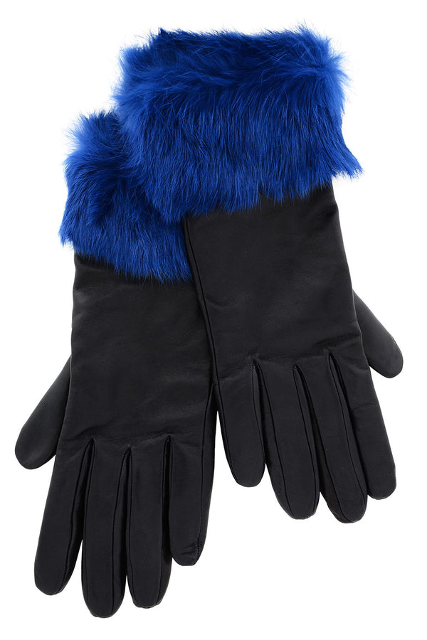 Μαύρα Μπλε Δερμάτινα Γάντια με Γούνα - Demi | Γυναικεία Γάντια