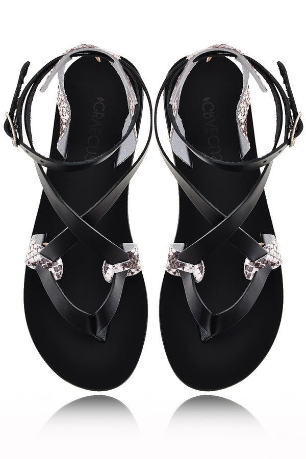 Artemis Μαύρα Δερμάτινα Σανδάλια με Τύπωμα Φιδιού - Graecus | Γυναικεία Παπούτσια