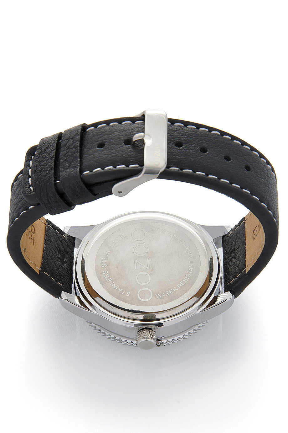 C3844 Ασημένιο Ρολόι με Μαύρο Δερμάτινο Λουράκι