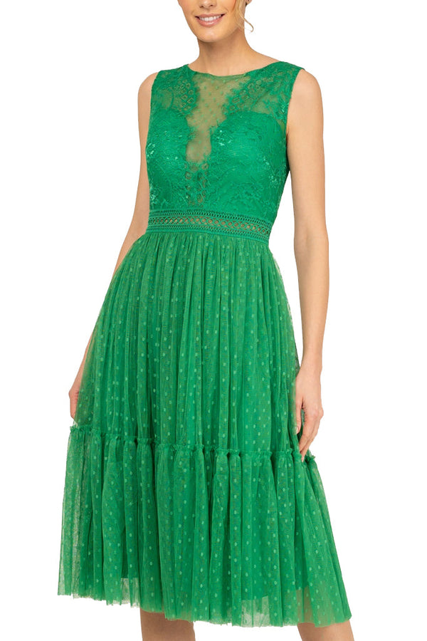 Sarlote Πράσινο Βραδινό Φόρεμα με Δαντέλα και Τούλι | Γυναικεία Ρούχα - Φορέματα Βραδινά | Sarlote Green Lace Dress with Tulle Skirt