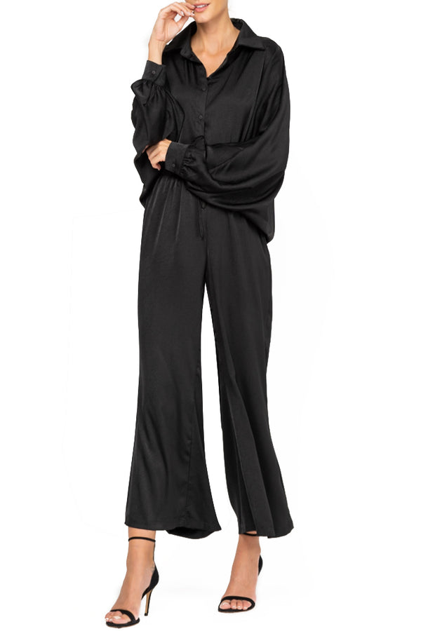 Edgy Μαύρη Σατέν Παντελόνα σε Φαρδιά Γραμμή | Γυναικεία Ρούχα - Γυναικεία Παντελόνια 