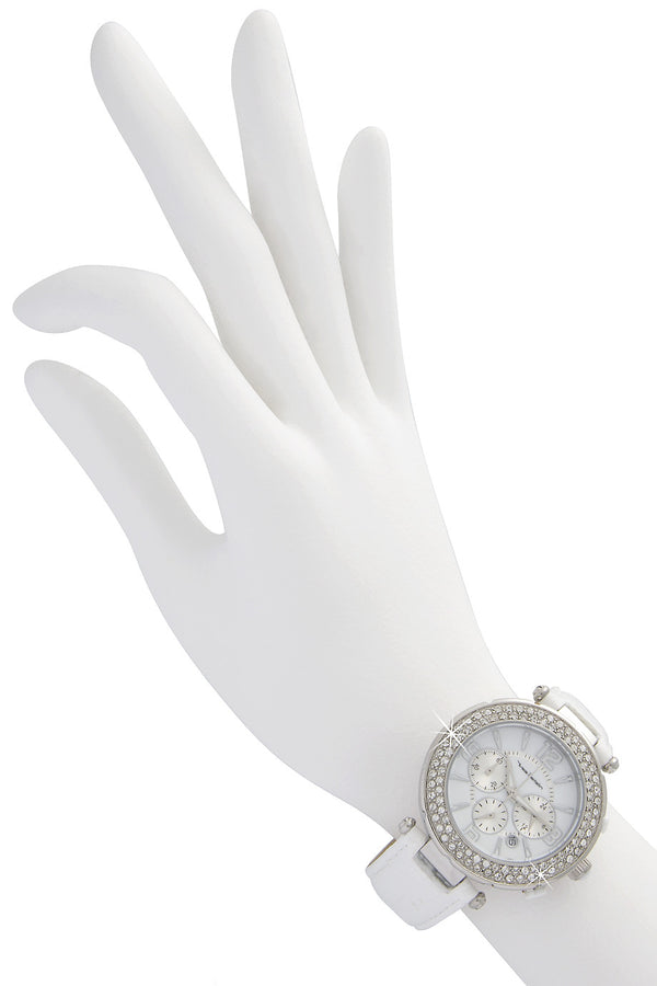 SUIR Λευκό Δερμάτινο Ρολόι Χρονογράφος με Κρύσταλλα